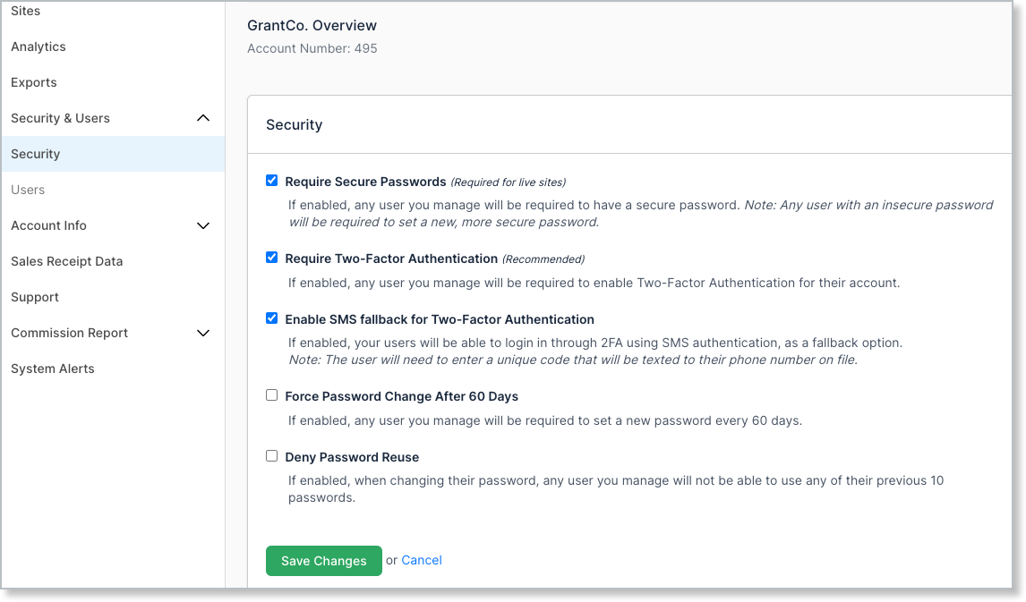 a Security panel of five checkboxes, each with its own note, beginning with Require Secure Passwords
