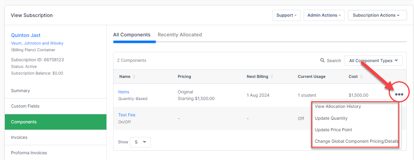 the All Components tab with a component's Actions menu open and outlined, offering allocation history, quantity and price point updates