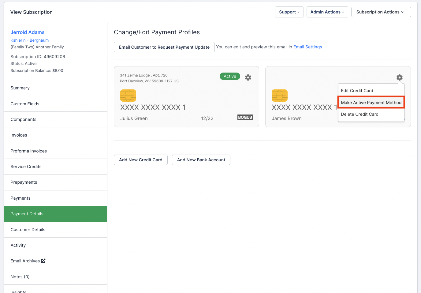 a Change/Edit Payment Profiles page with a card's gear menu open and Make Active Payment Method outlined