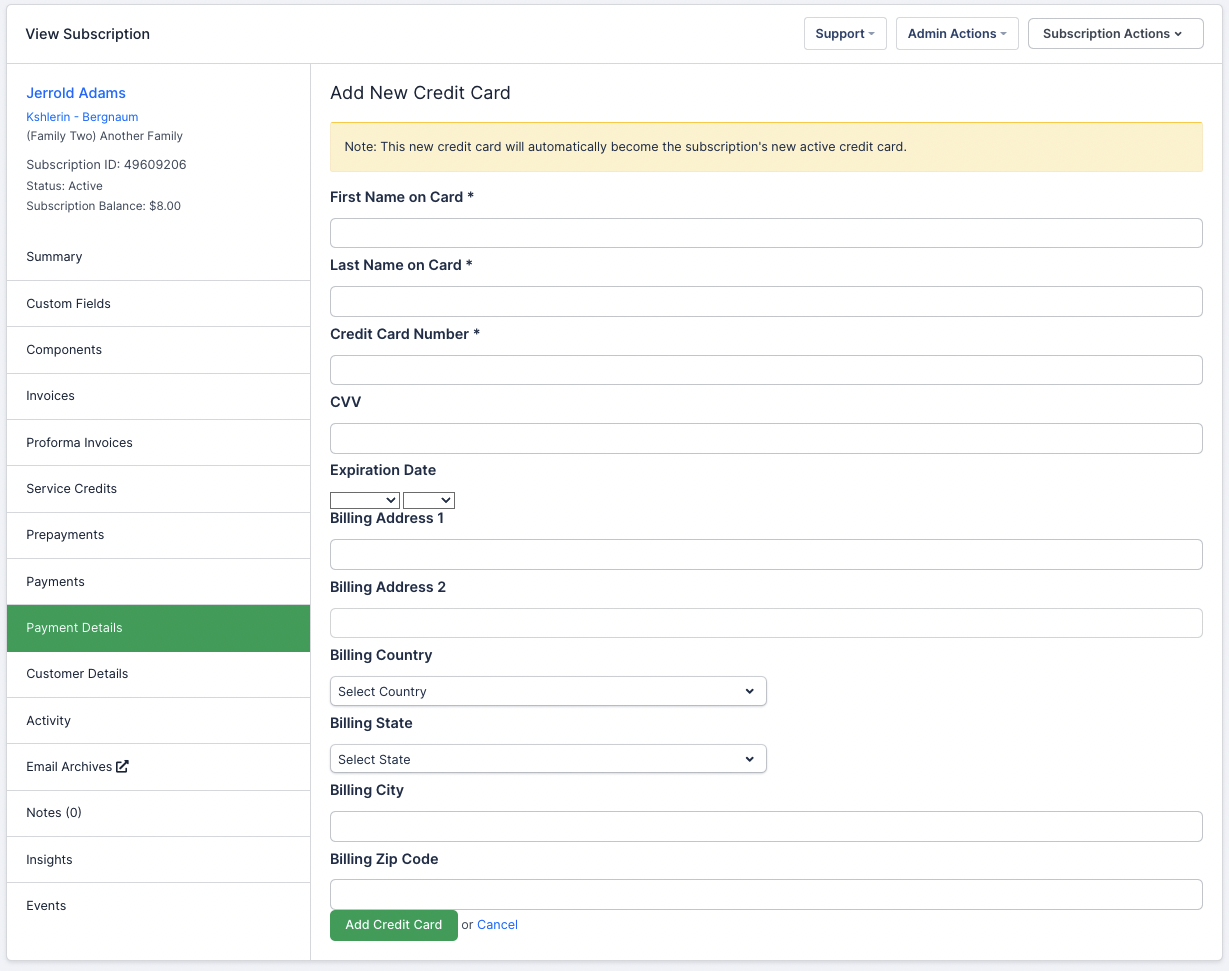 the Add New Credit Card form, warning that the new card becomes the subscription's active card