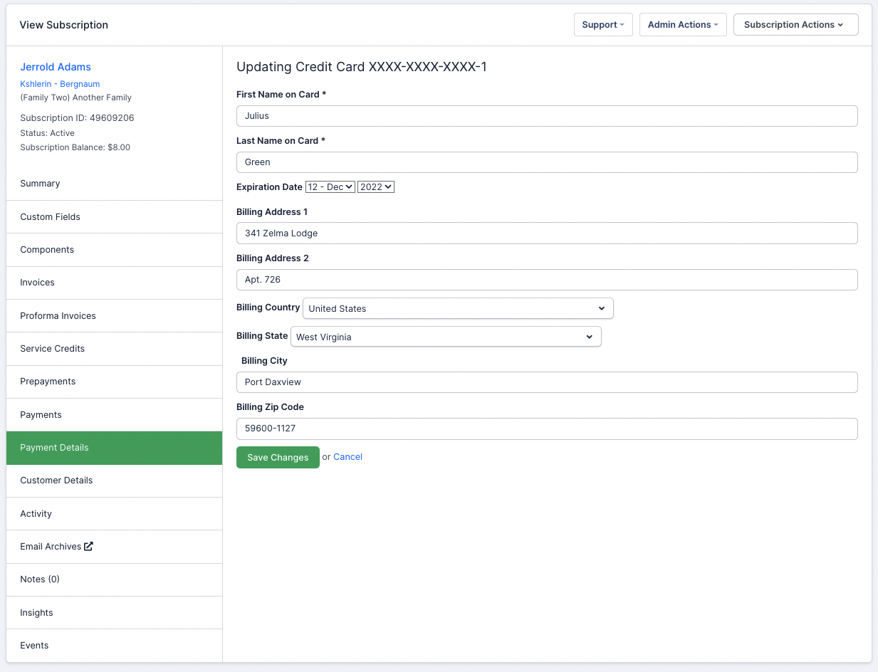 an Updating Credit Card form with the cardholder name, expiry and billing address filled in