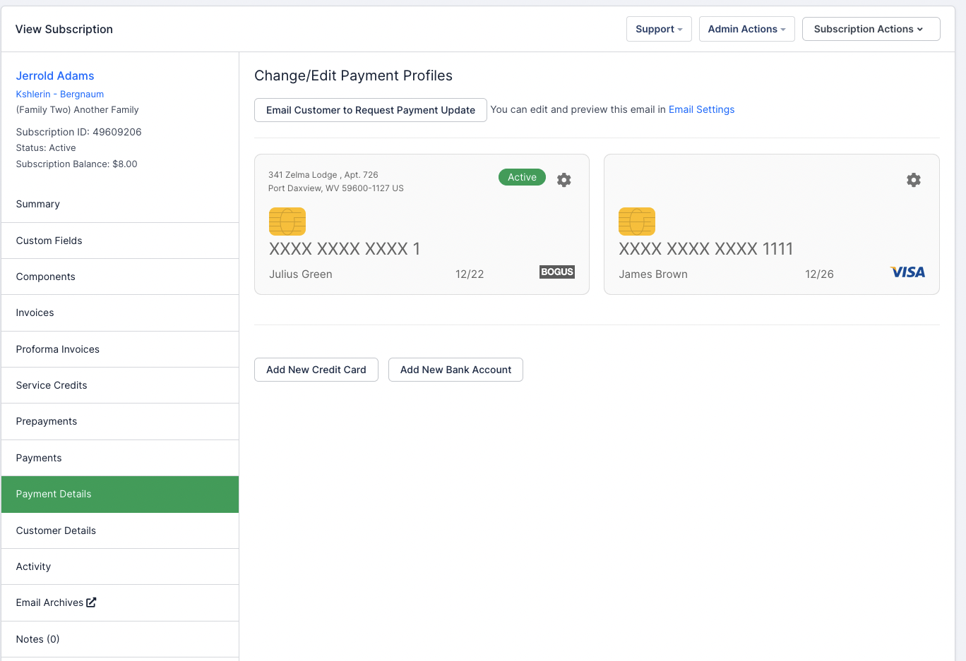 a Change/Edit Payment Profiles page with two saved cards, the first badged Active