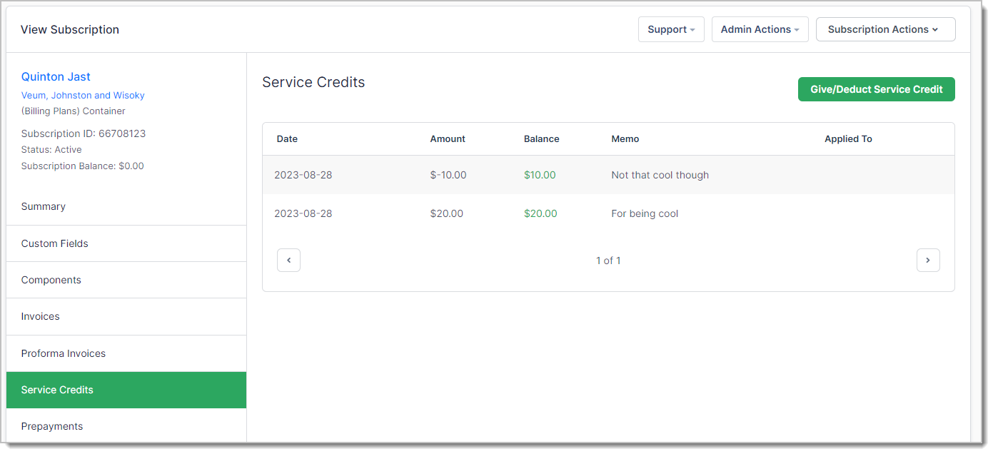 a subscription's Service Credits tab, with a Give/Deduct Service Credit button above the credit history