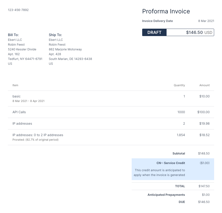 a rendered proforma invoice badged DRAFT, with its delivery date and invoice number