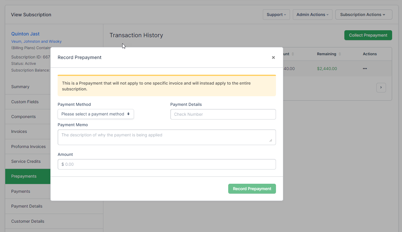 a Record Prepayment modal open over the subscription's Transaction History