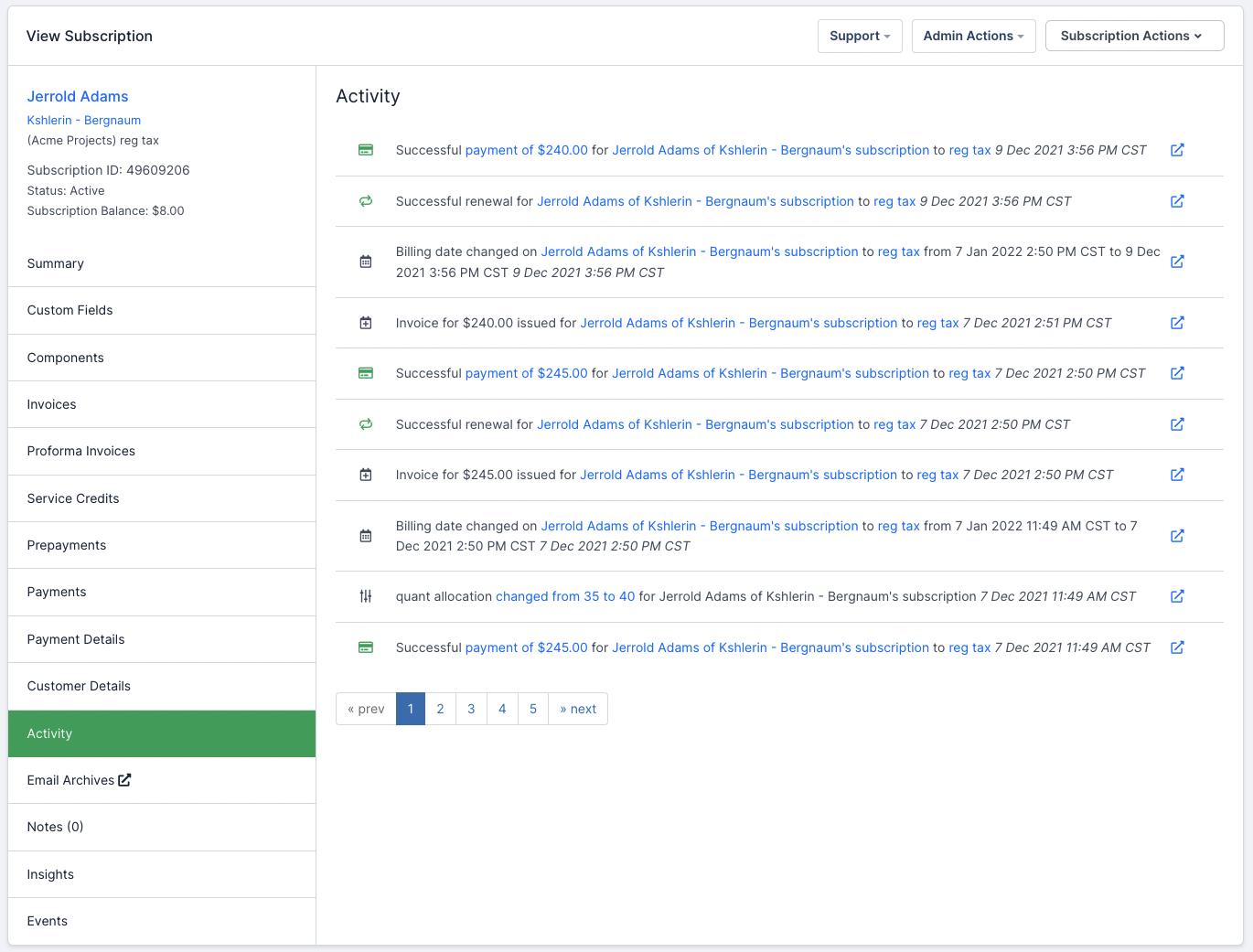 a subscription's Activity tab, listing chronological entries each with a type glyph and a linked description