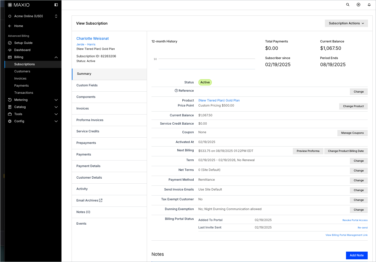 a Subscription page, its left nav expanded to Subscriptions and Customers