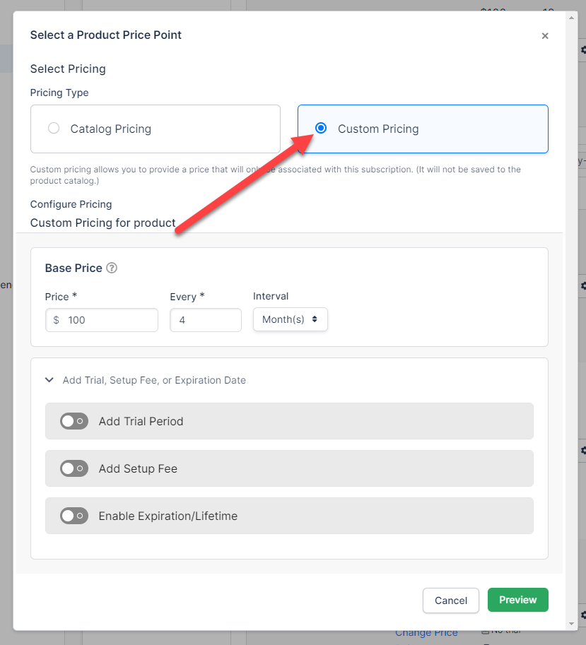 a Select a Product Price Point dialog with an arrow to Custom Pricing, opening the base price and trial, setup fee and expiration options