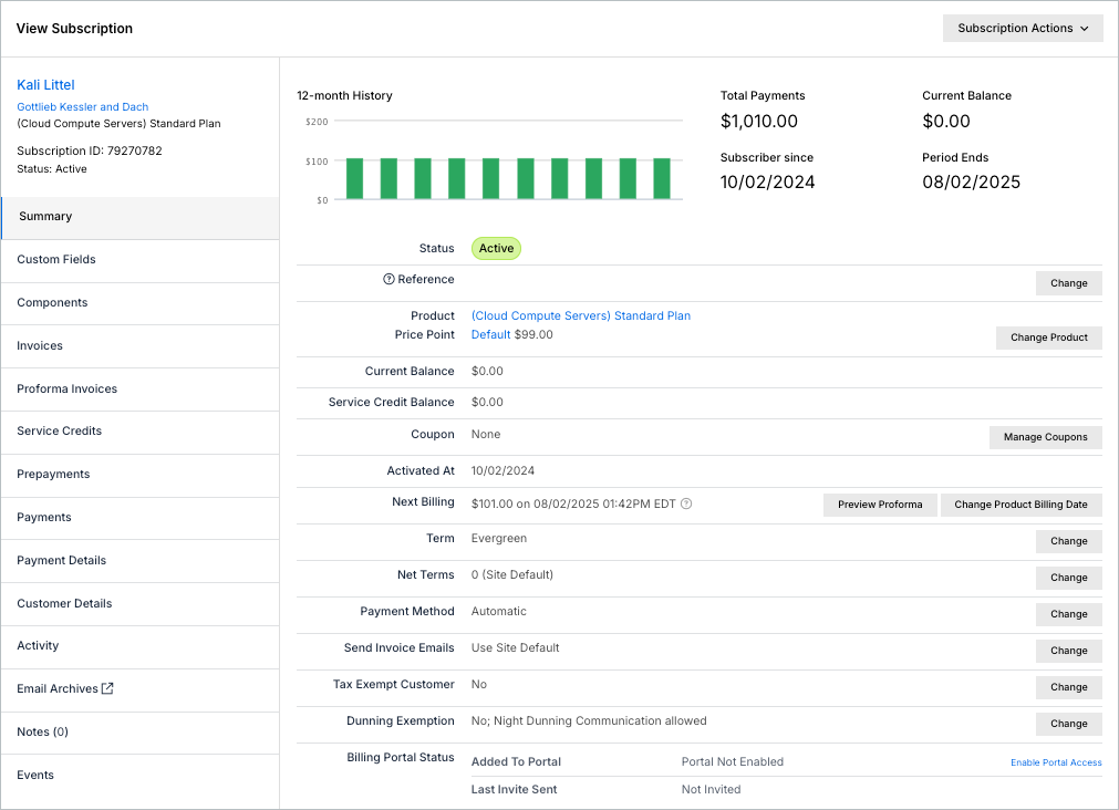 the View Subscription page on its Summary tab: a 12-month history chart with Total Payments, Current Balance, Subscriber since and Period Ends above a field list running from Status and Reference through to Billing Portal Status