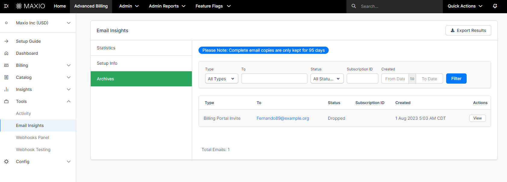 an Email Insights page listing archived emails, framed by the Maxio top and left navigation