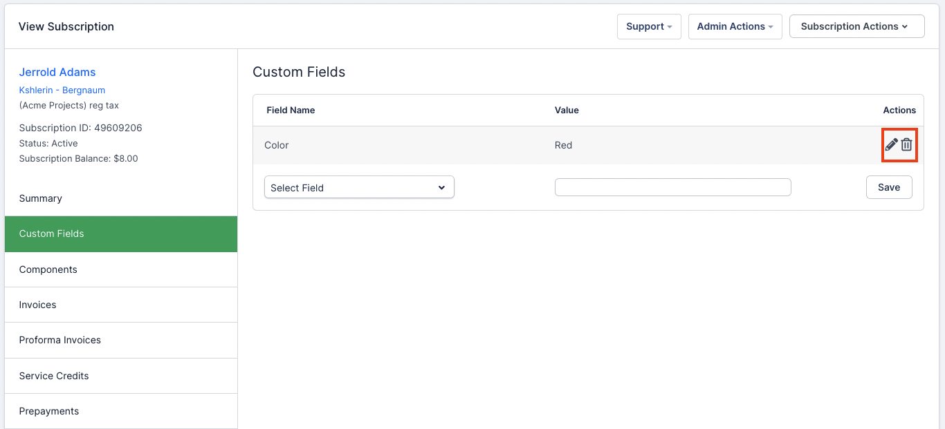 a subscription's Custom Fields tab, with one field named Color set to Red and edit controls beside it