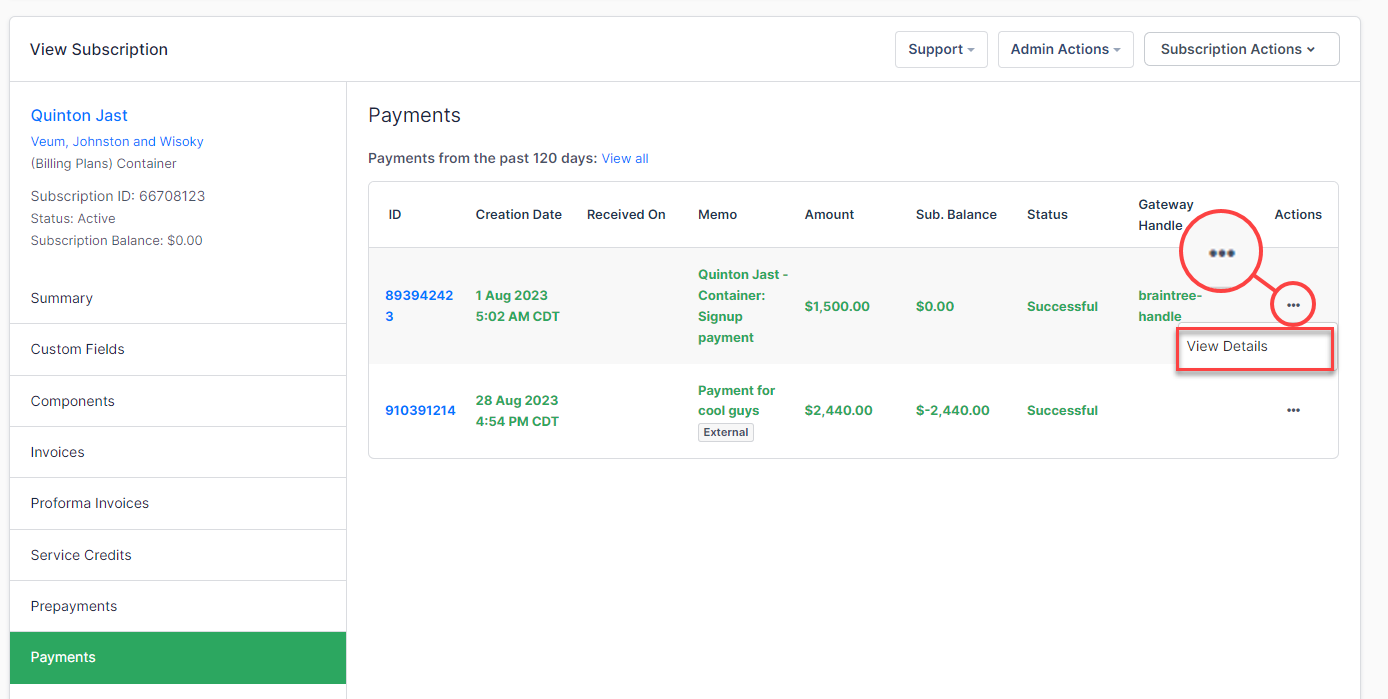 a subscription's Payments tab, listing the past 120 days of payments with a link to view them all