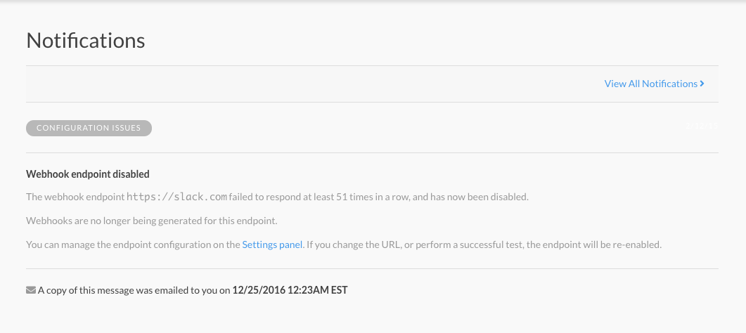 an expanded notification message showing the full detail of a disabled-webhook alert