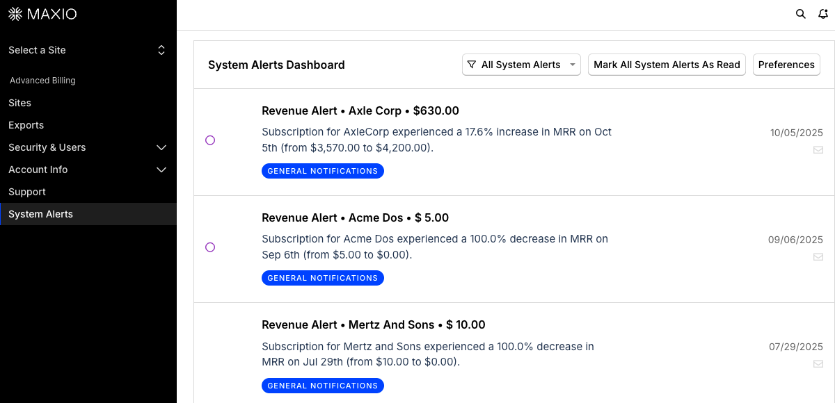 the System Alerts Dashboard listing revenue alerts by customer and amount, with All System Alerts, Mark All As Read and Preferences controls