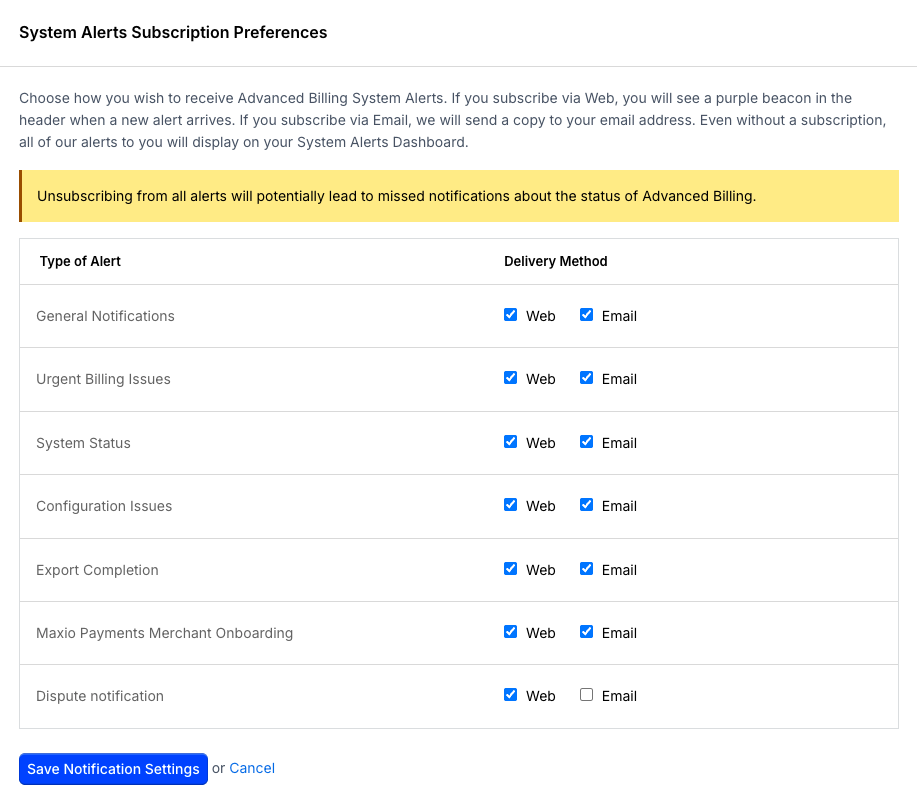 the System Alerts Subscription Preferences table, listing each alert type with Web and Email checkboxes and a Save Notification Settings button