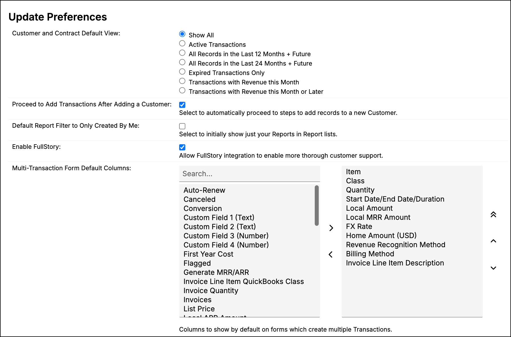 the Update Preferences page, opening with Customer and Contract Default View and its radio options