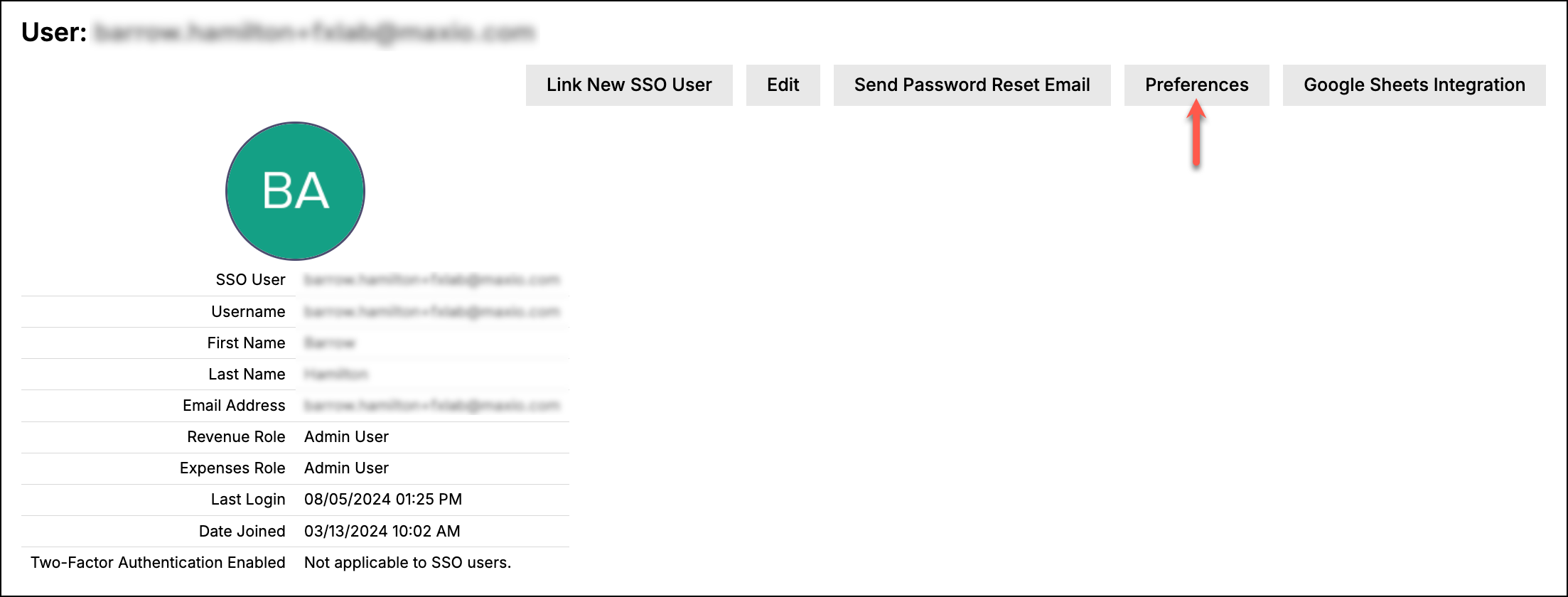 a user detail page with its row of actions, including Preferences and Send Password Reset Email