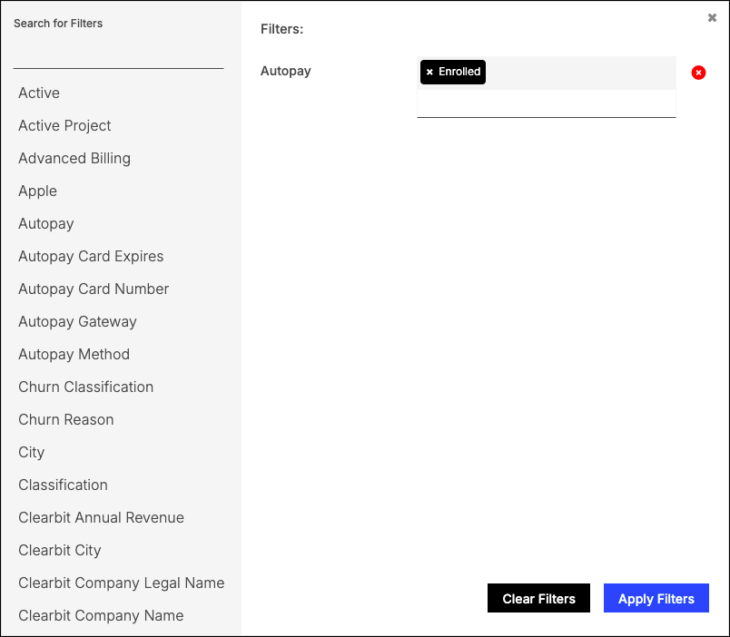 a filter panel listing the fields a Customer List can be filtered on
