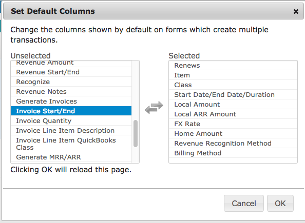 the Set Default Columns dialog, unselected columns on the left and selected ones on the right