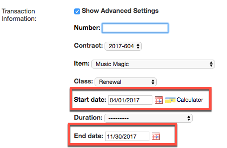 a Transaction Information form with Show Advanced Settings ticked, exposing the contract, item, class and duration fields