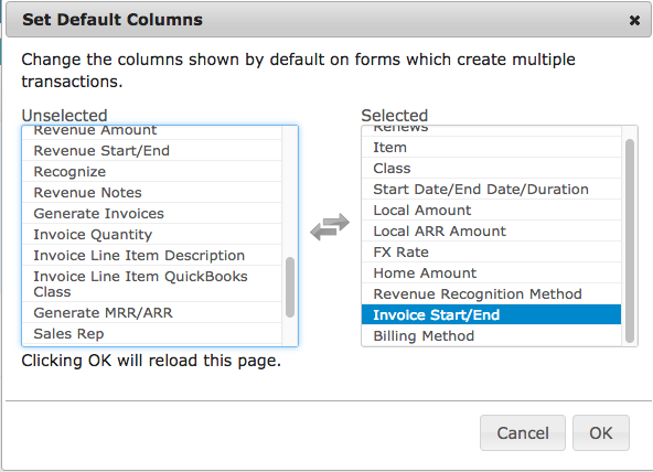 the Set Default Columns dialog after the move, with Invoice Start/End now in the Selected list