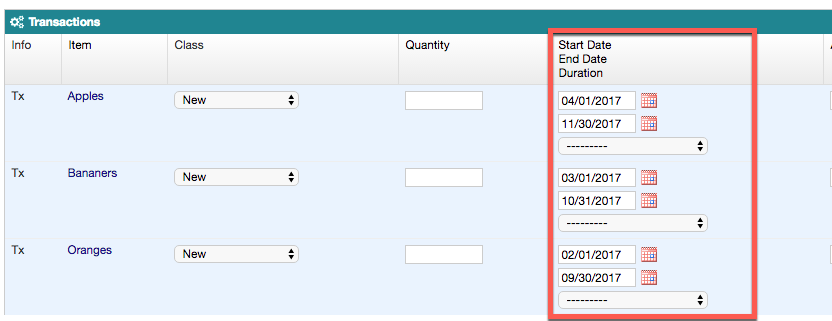 a multi-transaction entry grid with the combined start date, end date and duration column outlined