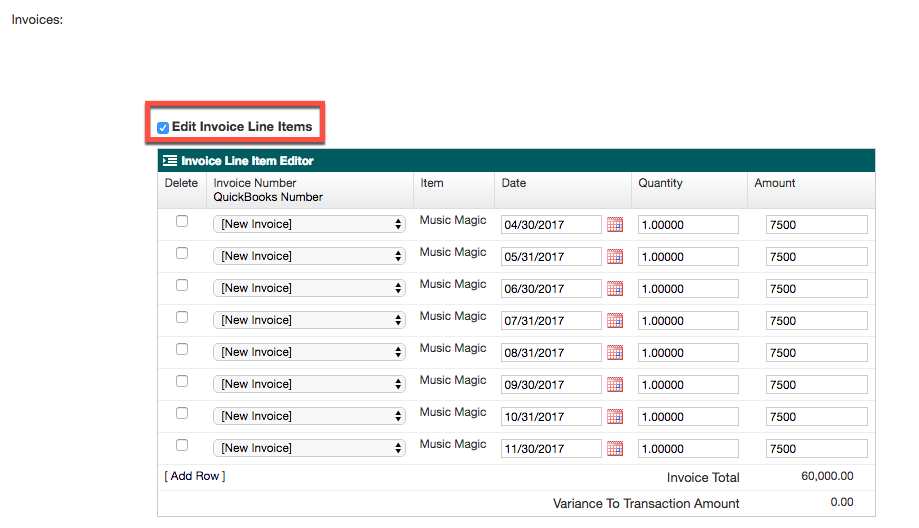 the Invoice Line Item Editor grid, opened by ticking Edit Invoice Line Items
