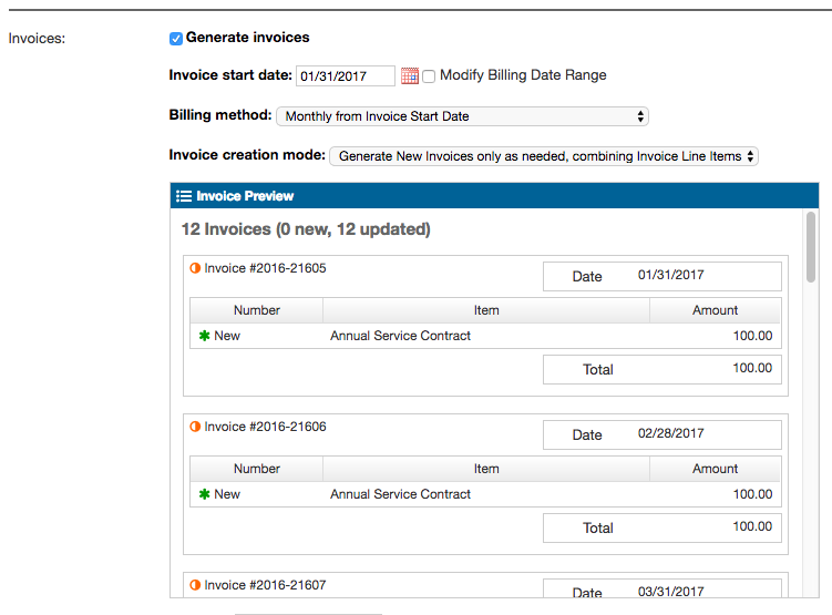 an Invoices block with Generate invoices ticked, showing the invoice start date and billing method