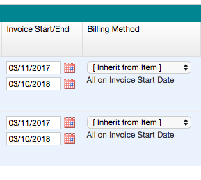 the grid carrying its new Invoice Start/End and Billing Method columns, each row with editable dates