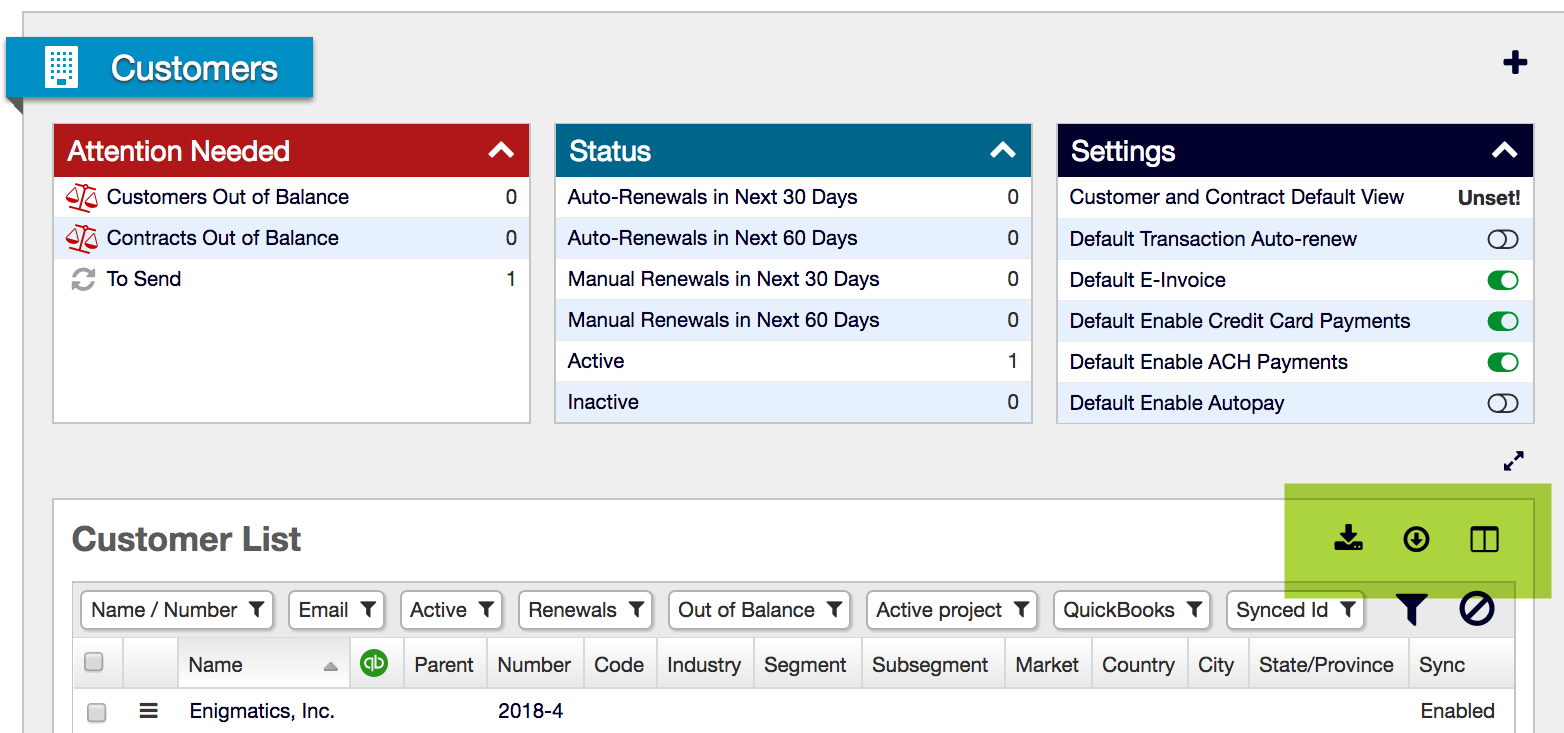 a Customers home screen with its Attention Needed, Status and settings panels