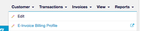 a customer's menu bar with the Customer menu open on Edit and E-Invoice Billing Profile