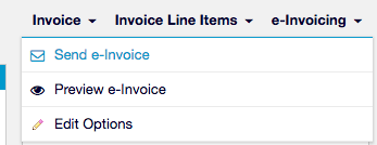 an invoice's e-Invoicing menu open on three options, the first of them Send