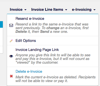 an invoice's e-Invoicing menu open on four options, each with an italic description