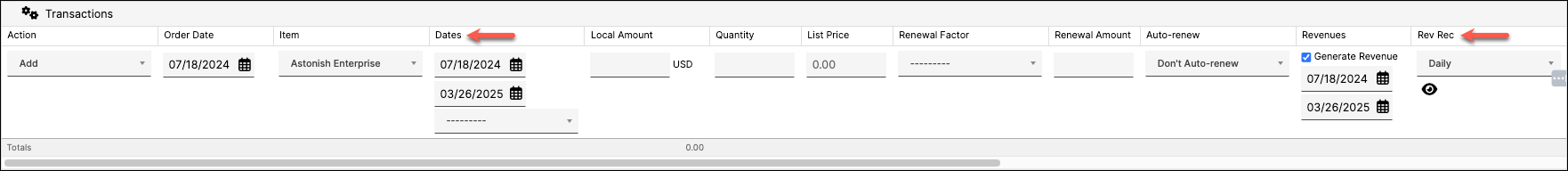 an inline-editable Transactions grid of twelve columns, from Action and Order Date through the revenue fields