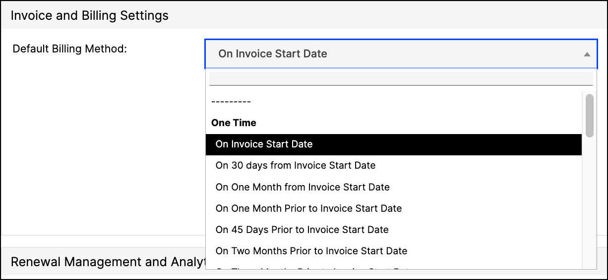 an Invoice and Billing Settings panel with the Default Billing Method dropdown open on its One Time options