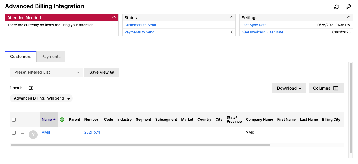 an Advanced Billing Integration page with its Attention Needed, Status and settings panels, nothing currently needing attention