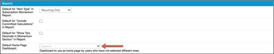 a Reports settings panel holding four administrator defaults for report behavior