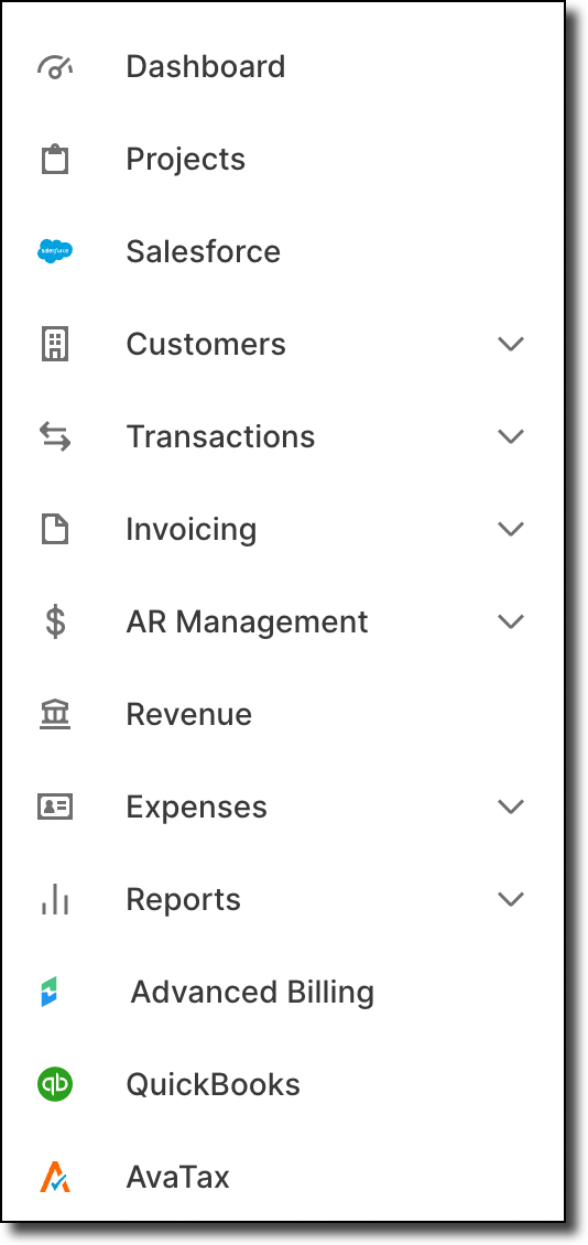 the full Maxio Core sidebar, thirteen sections each with its own glyph, from Dashboard through Expenses