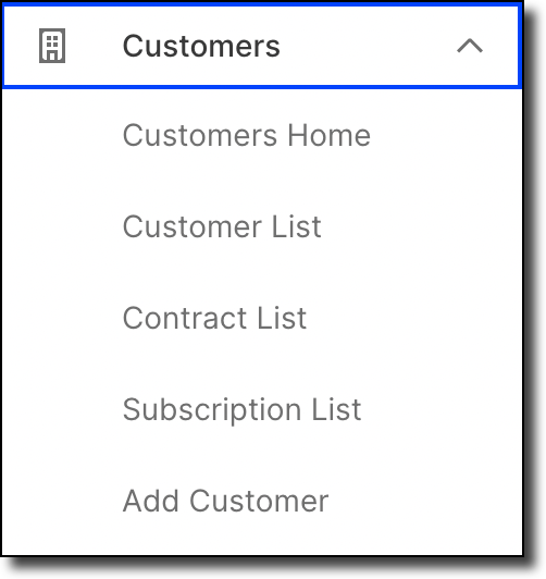 the Customers sidebar item expanded and outlined, revealing five sub-items beneath it