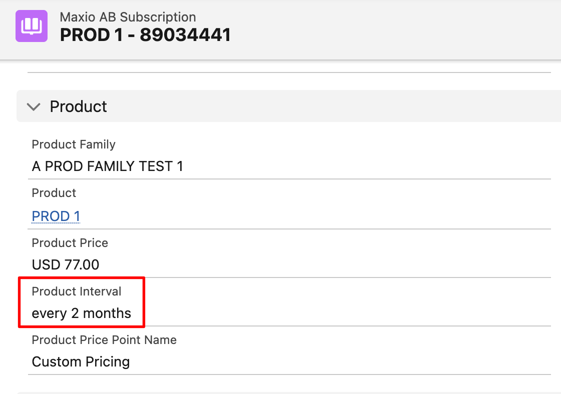 a Salesforce subscription product record with its Product Interval, every 2 months, outlined