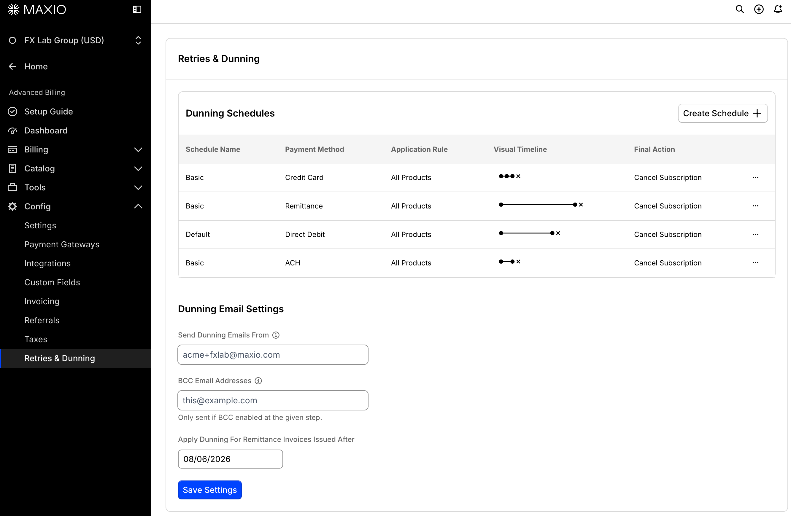 the Retries and Dunning page, its dunning schedules listed above the dunning email settings