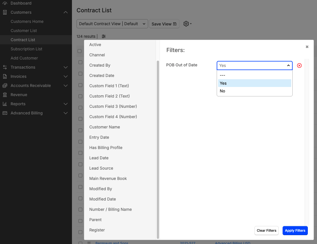 a Contract List filter panel with a performance obligation filter being set to Yes