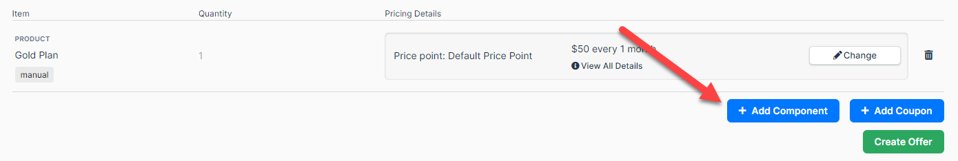 the Offer with a Product chosen and an arrow to Add Components