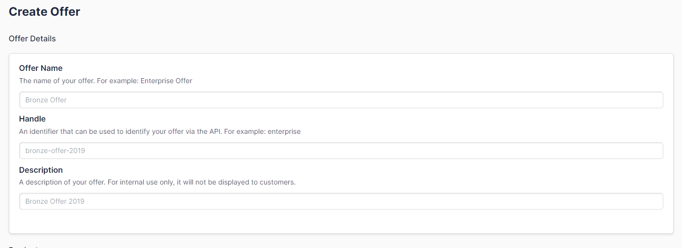 a Create Offer form with Offer Name, Handle and Description fields
