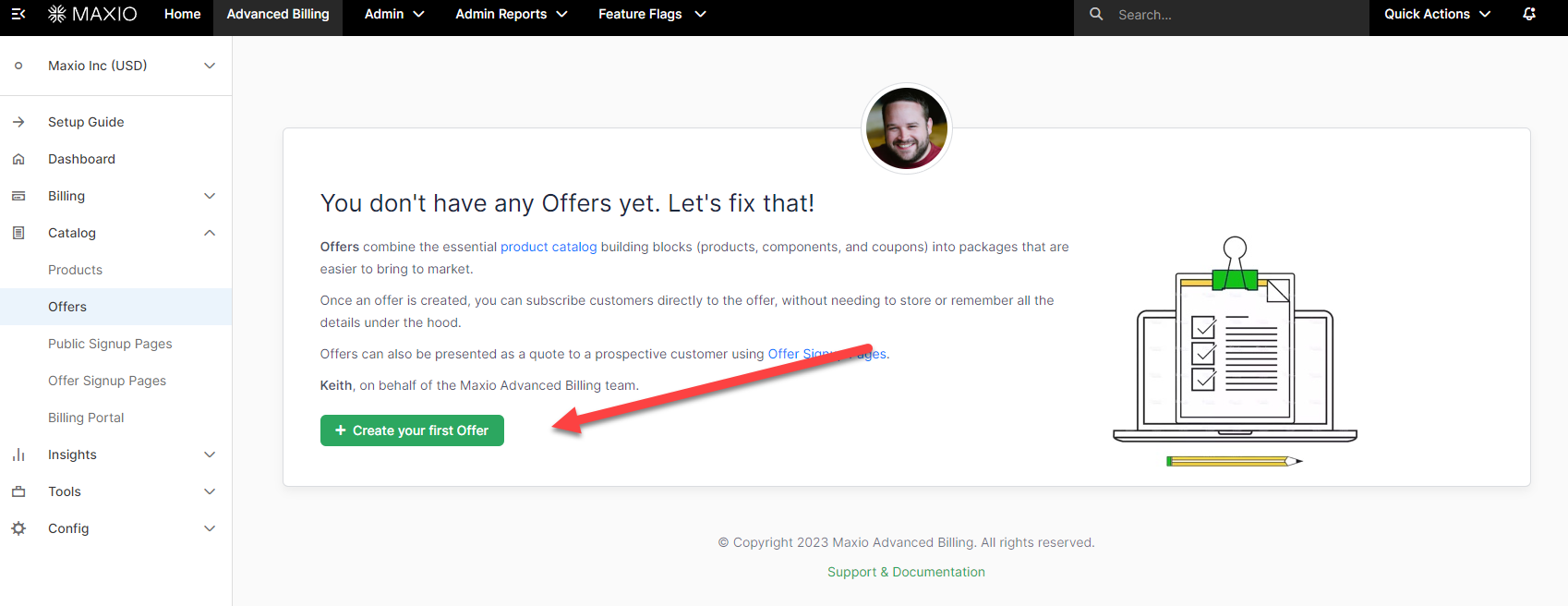 an empty Offers page with an arrow to Create your first Offer