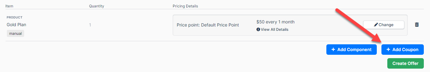 the completed Offer, with arrows to Add Coupon and Create Offer