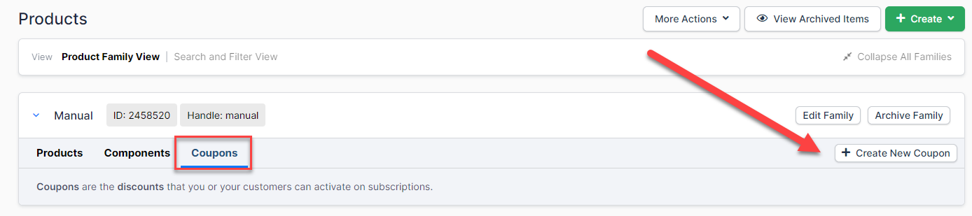 the Products page with the Coupons tab open and an arrow to Create New Coupon