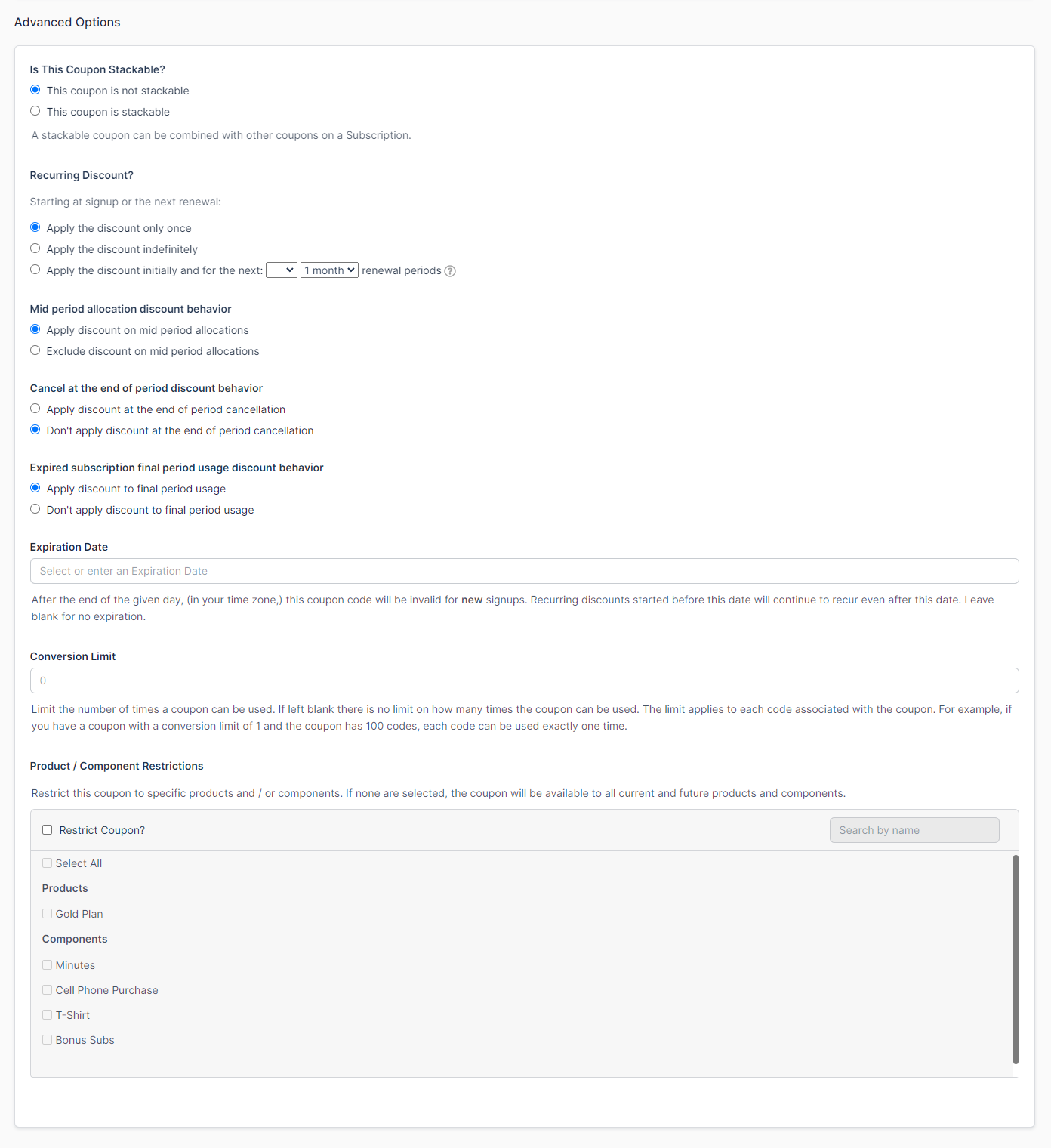 a coupon's Advanced Options: stackability, recurring behavior, expiration date, conversion limit and product restrictions