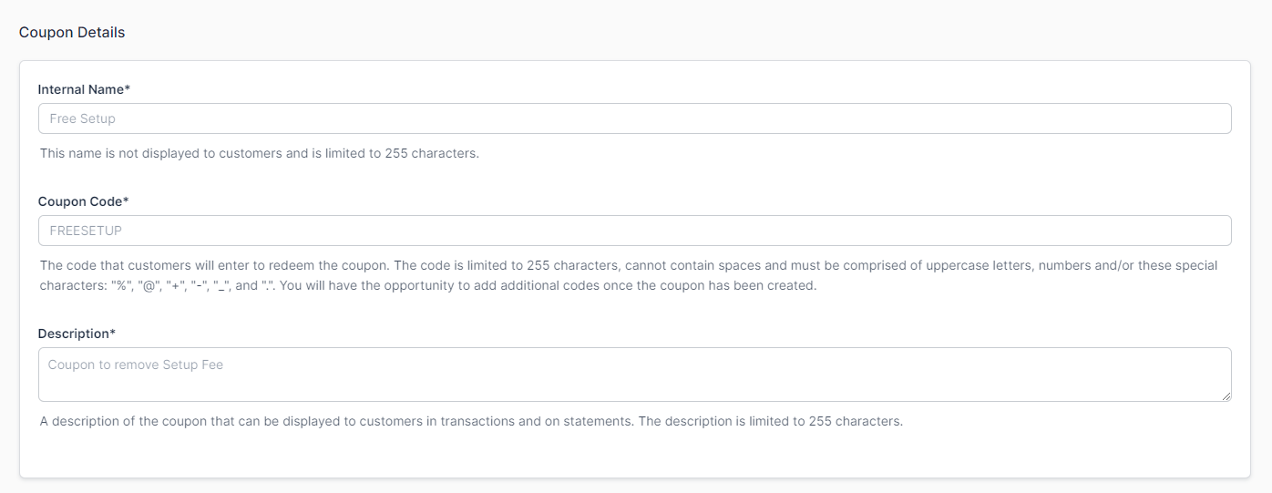 a coupon's Coupon Details block with internal name, coupon code and description fields