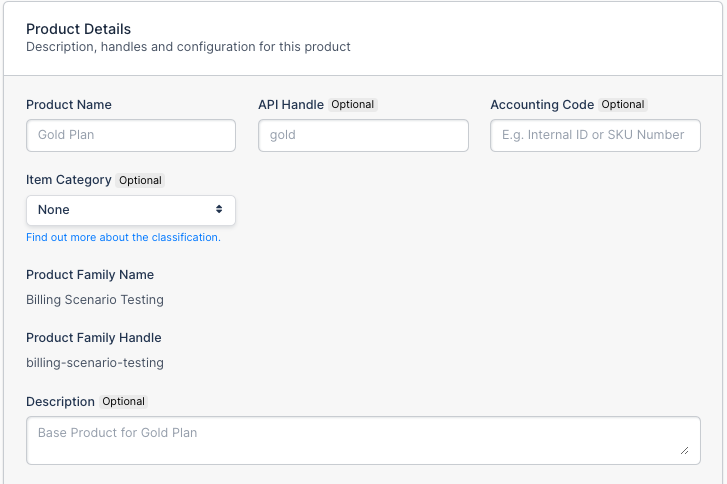 a Product Details form with name, API handle, accounting code, item category and product family fields